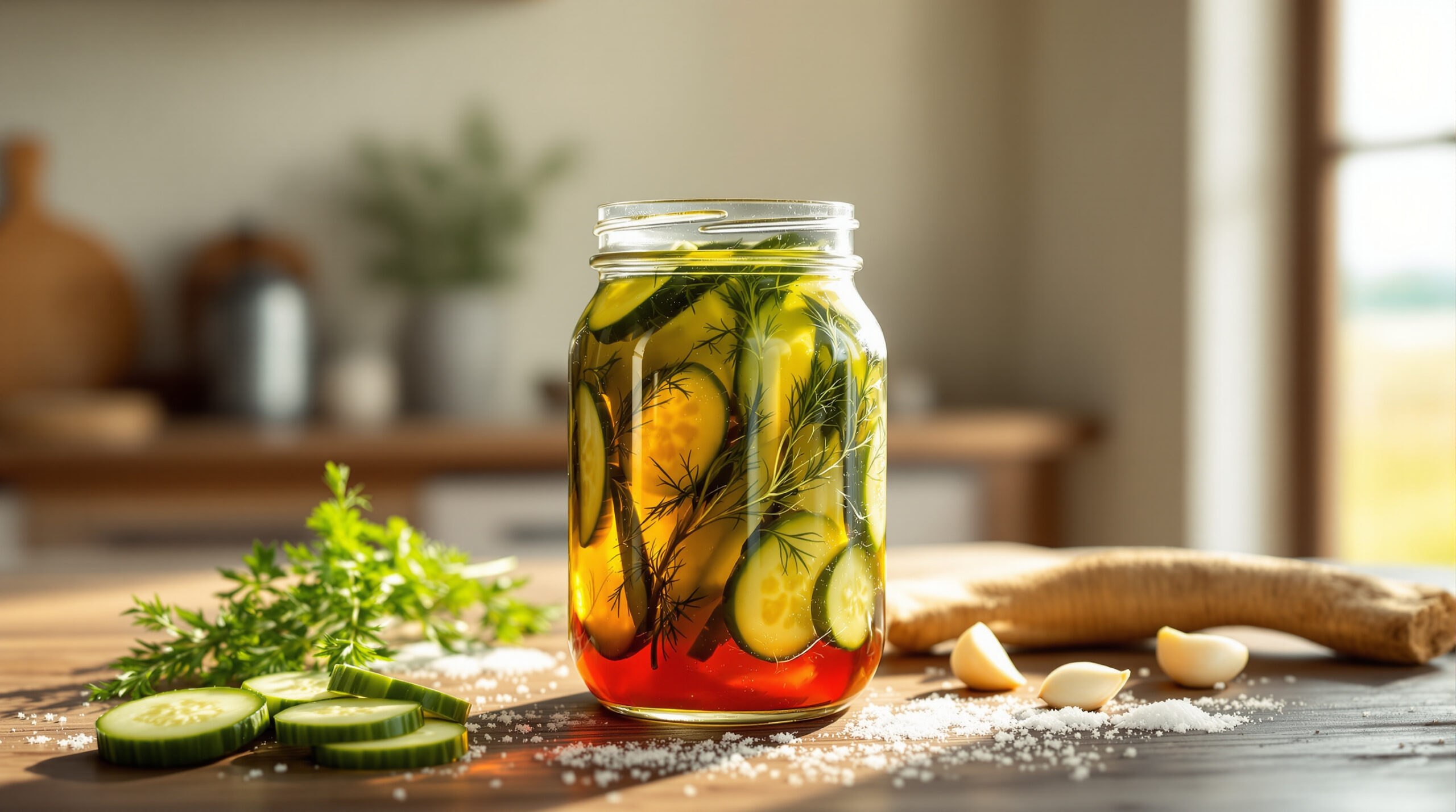 Jar of dill pickles with oak wine-barrel stave, fresh cucumbers, dill, and garlic on a rustic kitchen counter with soft natural light.