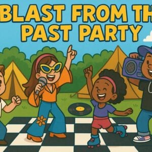 Cartoon of kids at a retro-themed outdoor party with costumes, a microphone, roller skates, a vinyl record, and a boombox. Tents and trees are in the background.