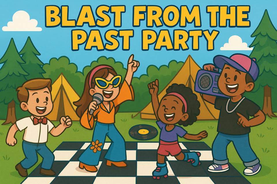 Cartoon of kids at a retro-themed outdoor party with costumes, a microphone, roller skates, a vinyl record, and a boombox. Tents and trees are in the background.