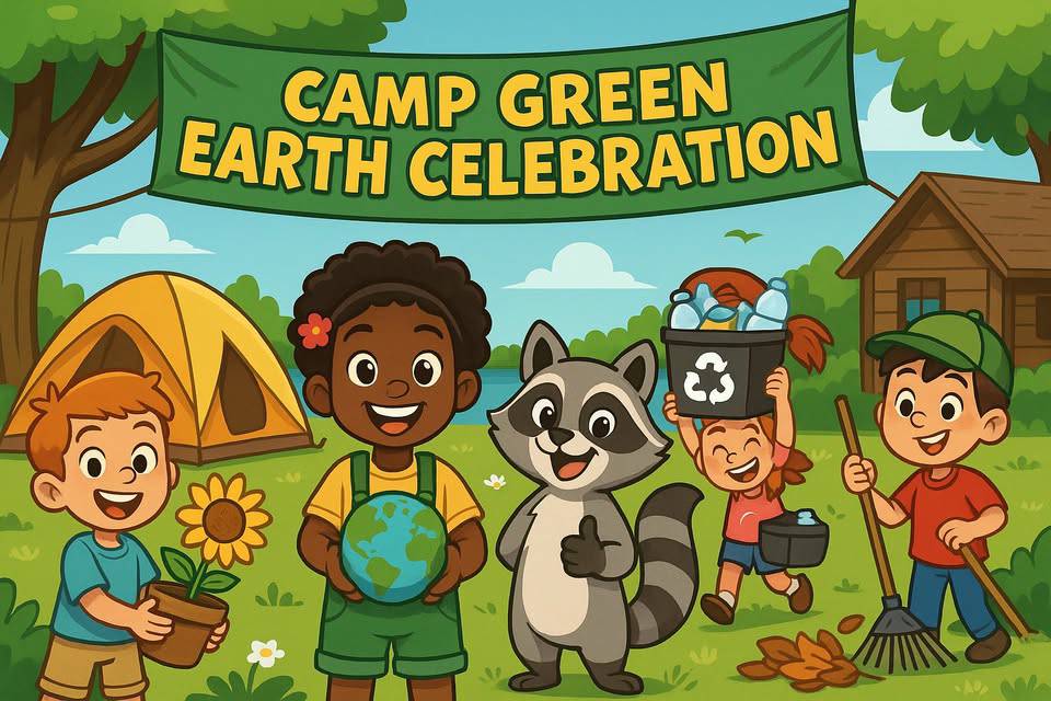 Children and a raccoon stand in front of a “Camp Green Earth Celebration” banner, holding a globe, plant, recycling bin, and rake, with tents and trees in the background.