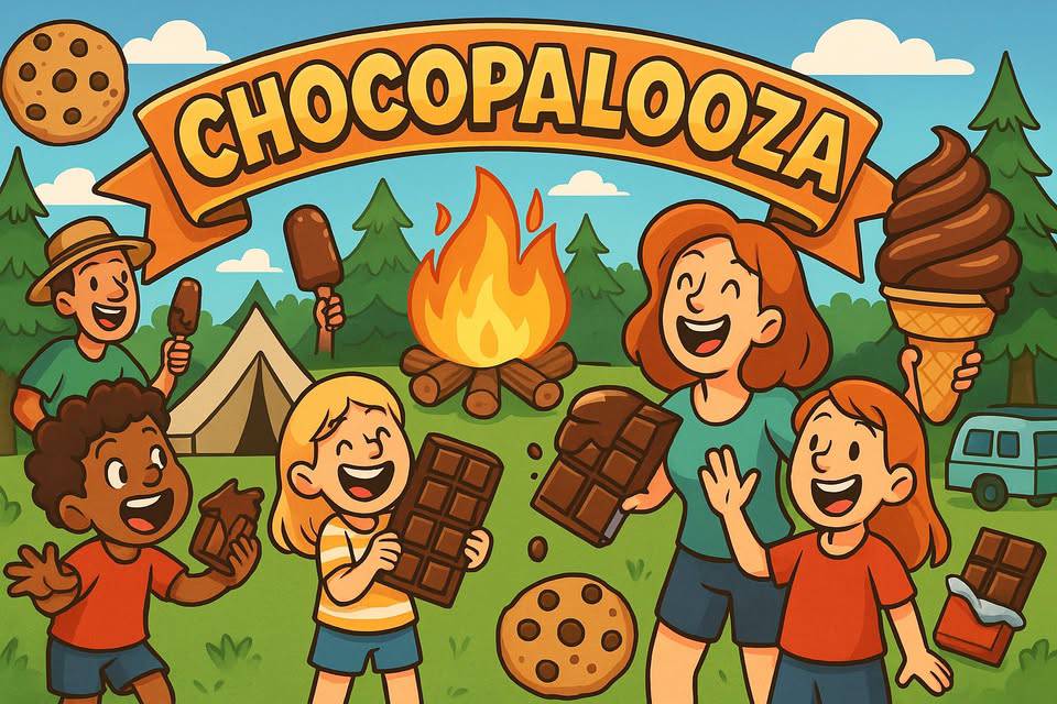 Cartoon of kids and adults at a campsite with a “Chocopalooza” banner, eating various chocolate treats around a campfire, with trees, a tent, and a van in the background.