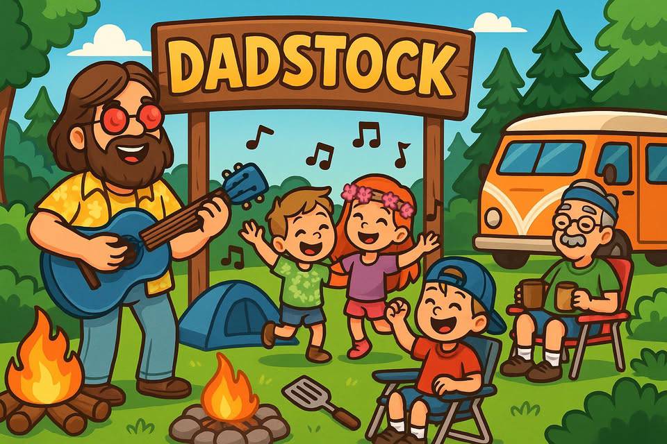 Cartoon scene of a campsite with a "DADSTOCK" sign, a man playing guitar, happy children, an older man drinking coffee, a campfire, tents, and a van in the background.