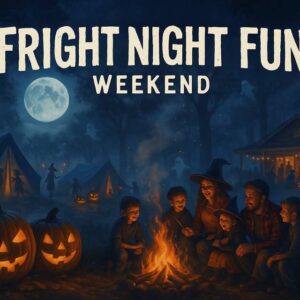 A family sits around a campfire at night with carved pumpkins, tents, and a house in the background, surrounded by ghost decorations. Text reads "Fright Night Fun Weekend.