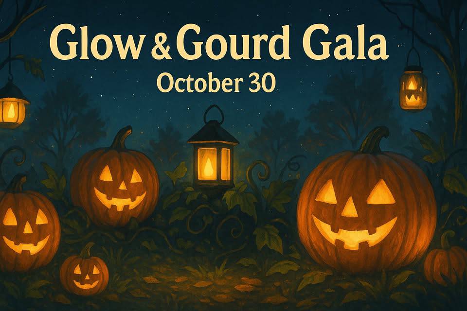 Three carved, glowing jack-o'-lanterns and lanterns in a nighttime outdoor setting with text: "Glow & Gourd Gala October 30.