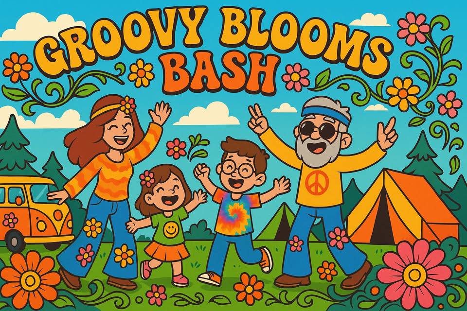Illustrated poster with "Groovy Blooms Bash" text, featuring a smiling family in retro outfits, a van, tents, and colorful flowers in a campsite setting.
