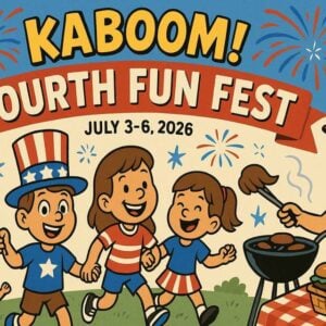 Cartoon of a family celebrating outdoors with fireworks, a grill, and picnic food under a banner reading “Kaboom! Fourth Fun Fest, July 3-6, 2026.”.