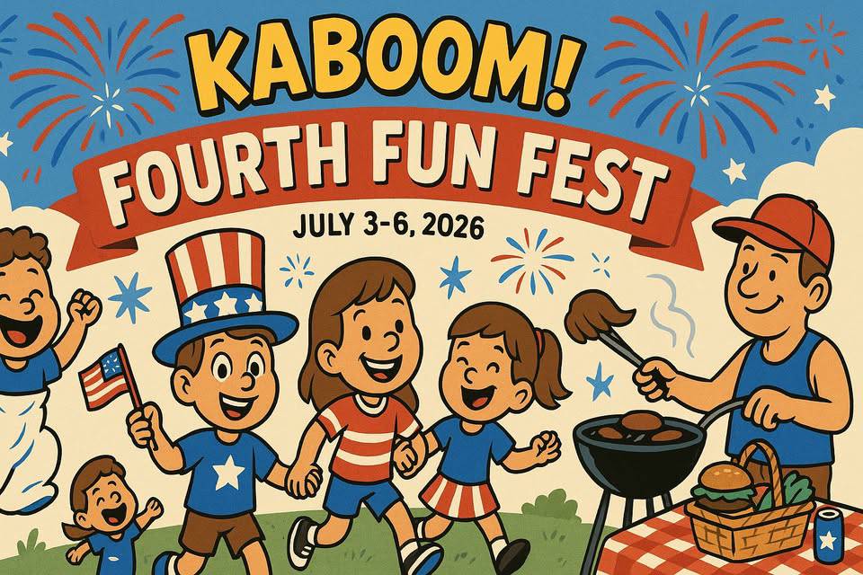 Cartoon of a family celebrating outdoors with fireworks, a grill, and picnic food under a banner reading “Kaboom! Fourth Fun Fest, July 3-6, 2026.”.