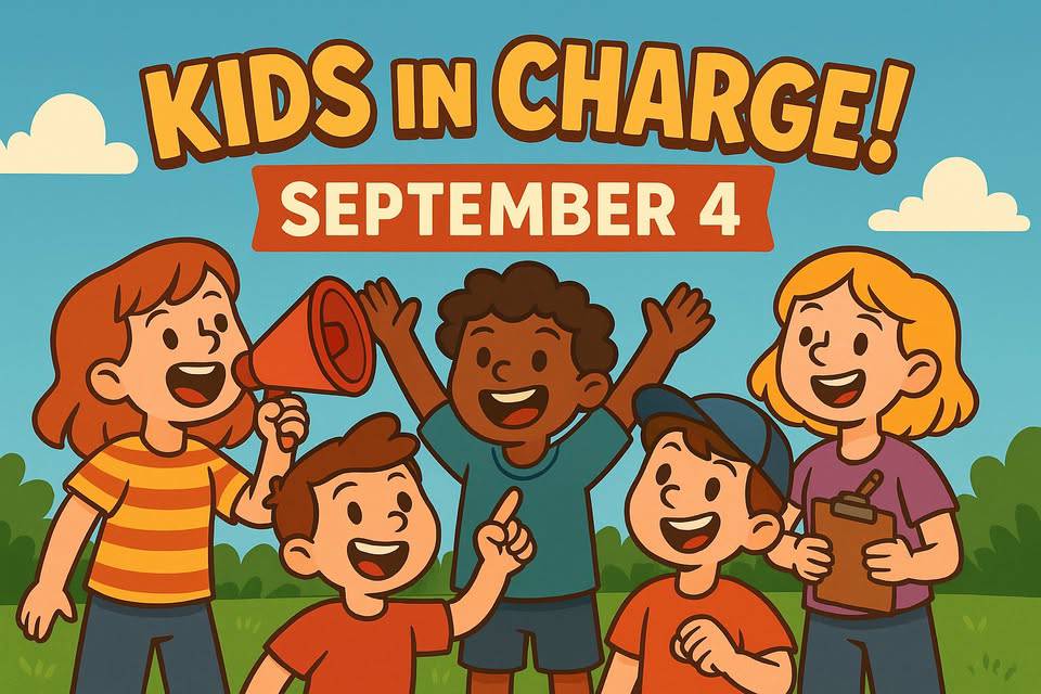 Cartoon illustration of five smiling children outdoors with text "Kids in Charge! September 4" above them. One child holds a megaphone and another holds a clipboard.