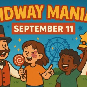 Illustration of a carnival scene with a mustached man, two children, a ferris wheel, and a tent. Text reads "Midway Mania September 11.