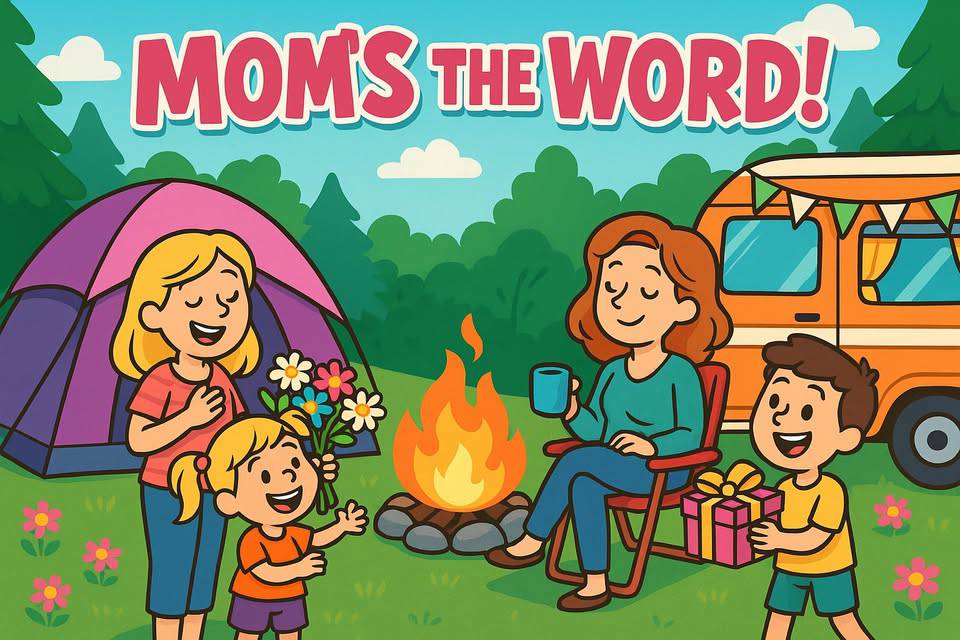 Cartoon of a family at a campsite with a tent and camper van. A child gives flowers, another gives a gift to a woman seated by a campfire. "MOM'S THE WORD!" is written overhead.