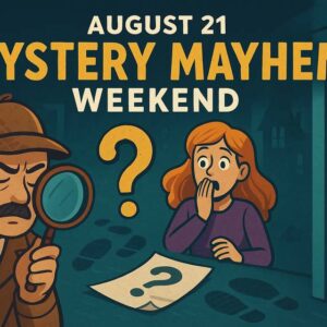Illustration of a detective with a magnifying glass, a surprised woman, and a worried man, with the text "August 21 Mystery Mayhem Weekend" above a question mark and scattered papers.