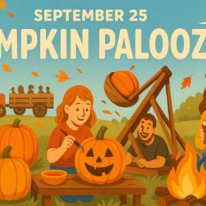 Illustration of people carving pumpkins and sitting by a campfire, with a pumpkin catapult and hayride in the background. Text reads "September 25 Pumpkin Palooza.
