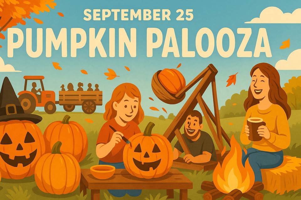 Illustration of people carving pumpkins and sitting by a campfire, with a pumpkin catapult and hayride in the background. Text reads "September 25 Pumpkin Palooza.