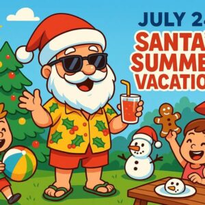 Cartoon of Santa in summer attire with kids, a beach ball, snowman, and Christmas tree. Text reads "July 24 Santa’s Summer Vacation." Sunny outdoor scene with holiday theme.