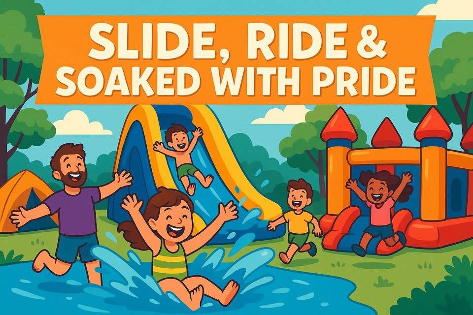 Cartoon children and an adult play near a water slide, splash pool, and inflatable bounce house under a banner reading "Slide, Ride & Soaked With Pride" in a park setting.