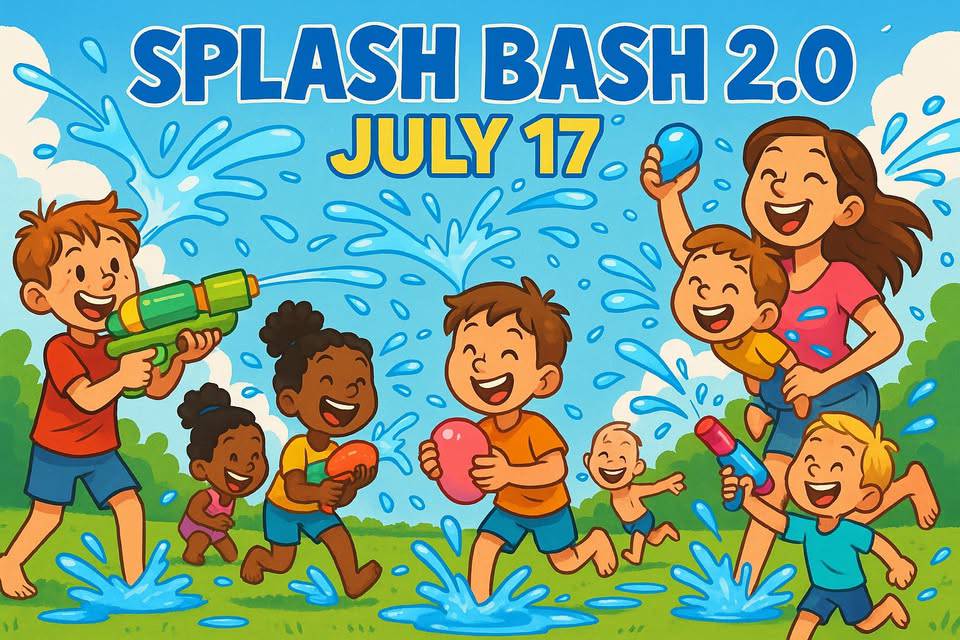 Cartoon children and adults play with water toys and water balloons outside. Text reads "Splash Bash 2.0 July 17." Blue sky and grass are visible in the background.