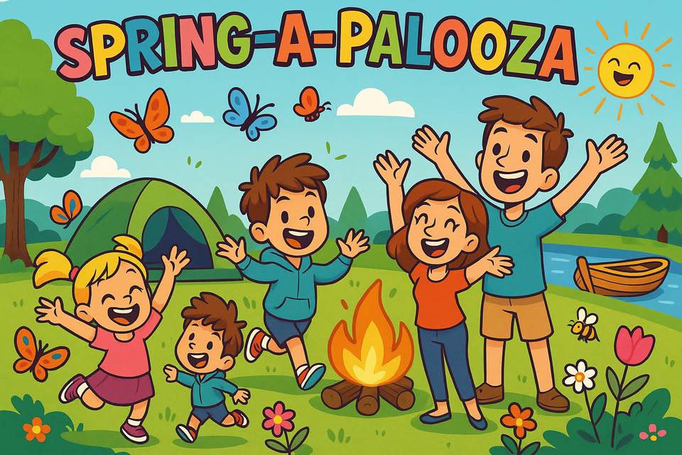 Illustration of a family of four smiling and raising their arms around a campfire, with a tent, trees, flowers, butterflies, and "SPRING-A-PALOOZA" text above them.