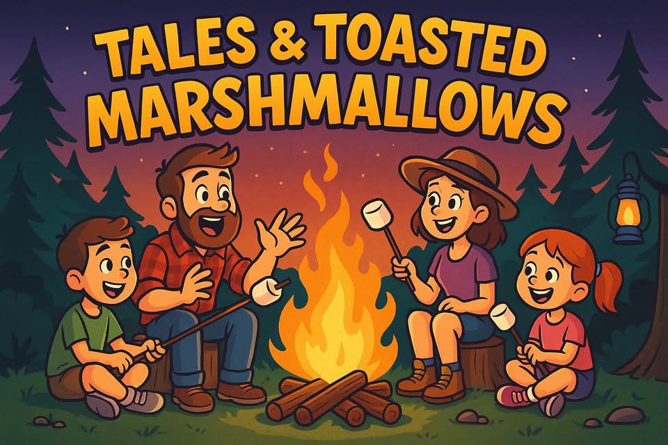 Cartoon of a family sitting around a campfire roasting marshmallows under the text “Tales & Toasted Marshmallows” with trees and a lantern in the background.