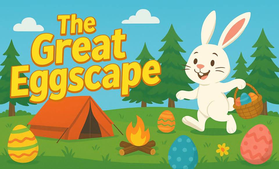 Illustration of a smiling white rabbit holding a basket of eggs, with a tent, campfire, decorated eggs, trees, and the text "The Great Eggscape" in the background.