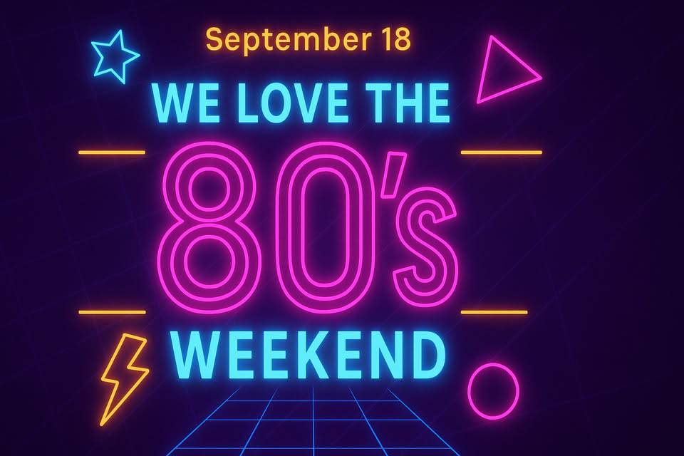 Neon sign with geometric shapes reads: "September 18. We love the 80's weekend" on a dark background.