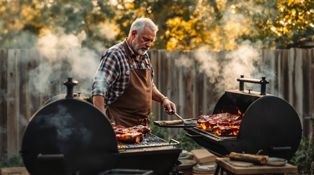 Pitmaster tending charcoal and wood smokers with ribs on an outdoor patio, smoky atmosphere, generic Midwest backyard setting, golden-hour lighting