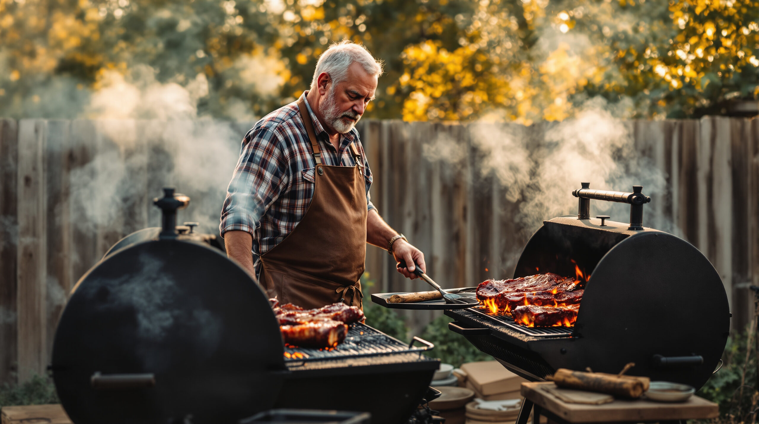 Pitmaster tending charcoal and wood smokers with ribs on an outdoor patio, smoky atmosphere, generic Midwest backyard setting, golden-hour lighting