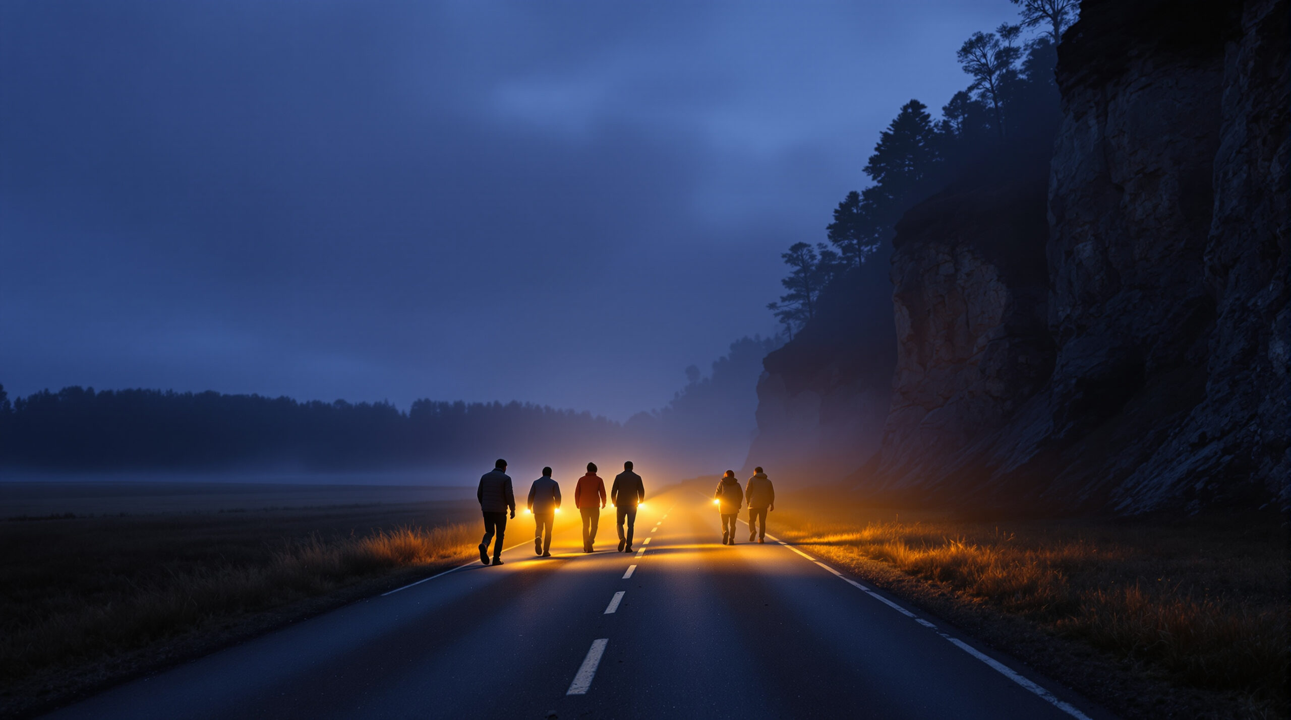 A group of adults with flashlights walking along a misty rural road at twilight near a rocky quarry, surrounded by fog and silhouetted trees.