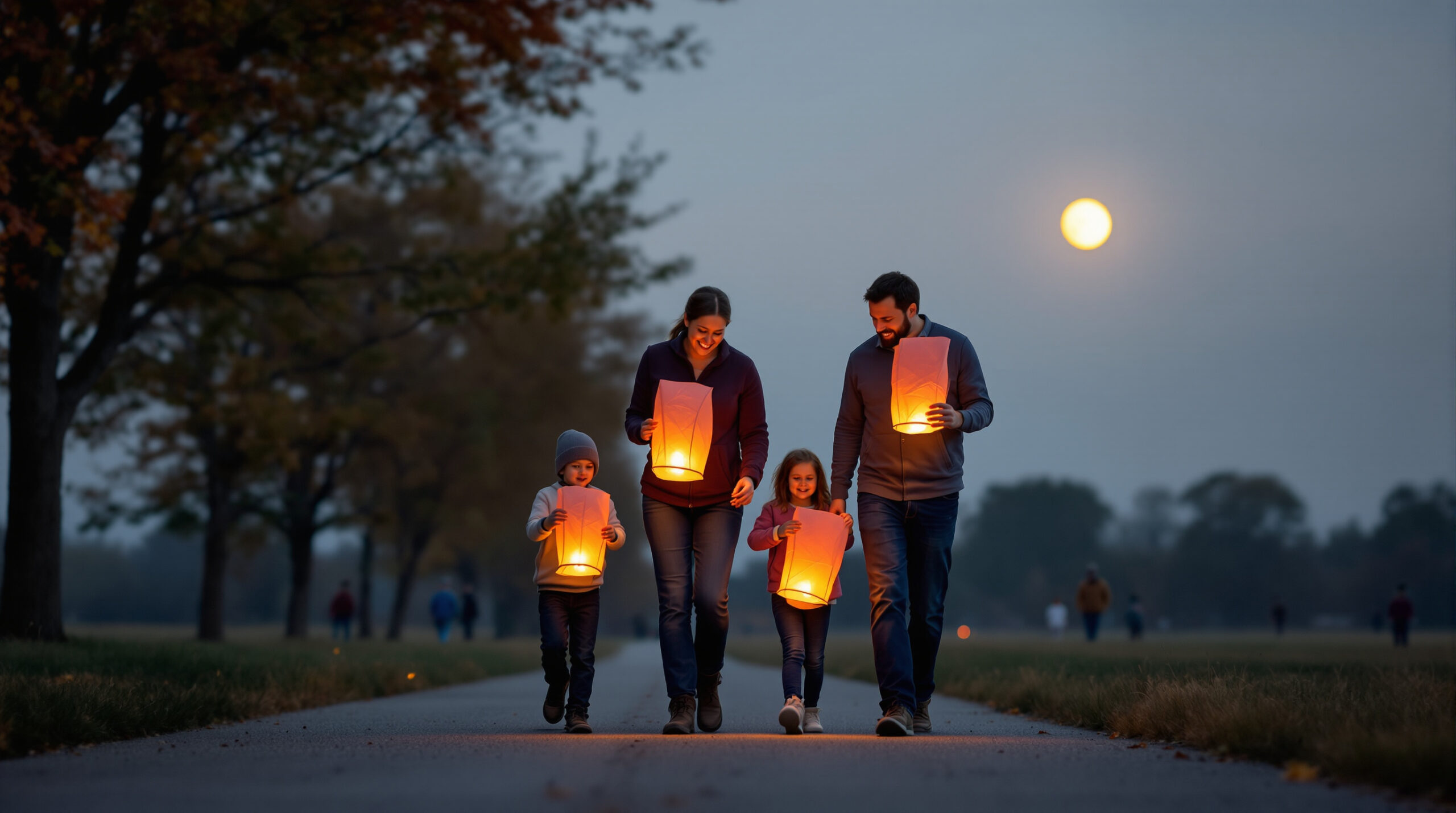 A family of four walks along a tree-lined path at dusk, each holding glowing paper lanterns, with a soft harvest moon rising in the background during an autumn community event.