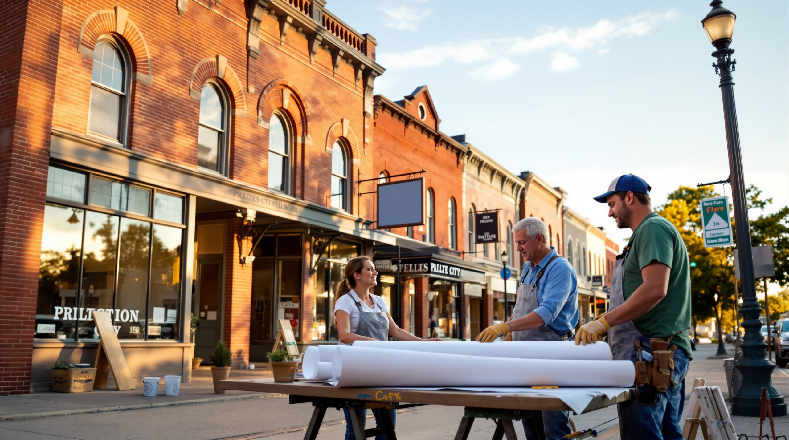 Three volunteers review restoration blueprints in front of historic red-brick storefronts on a small town main street, with golden hour sunlight and a clear sky.