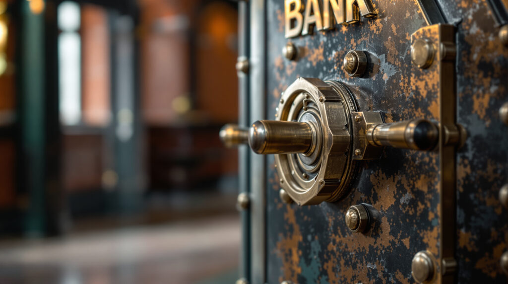 Close-up of an antique bank safe door with a brass wheel handle and aged steel surface, set in a softly lit, classic vault room with blurred red-brick and dark wood background.