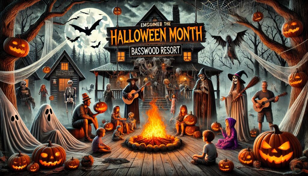 People in Halloween costumes gather around a campfire with carved pumpkins, skeletons, and decorations outside a house, with a sign reading "Halloween Month Basswood Resort.