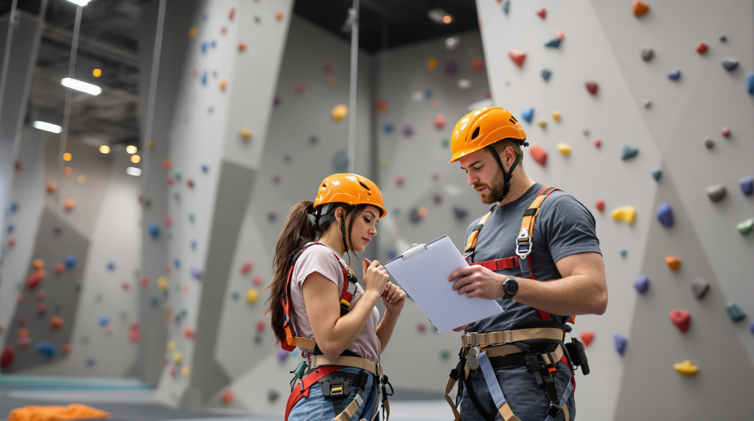 Two adult climbers in harnesses and helmets review a safety checklist on a clipboard in a modern indoor climbing gym with a gray wall and colorful holds, focusing on preparation and safety procedures.