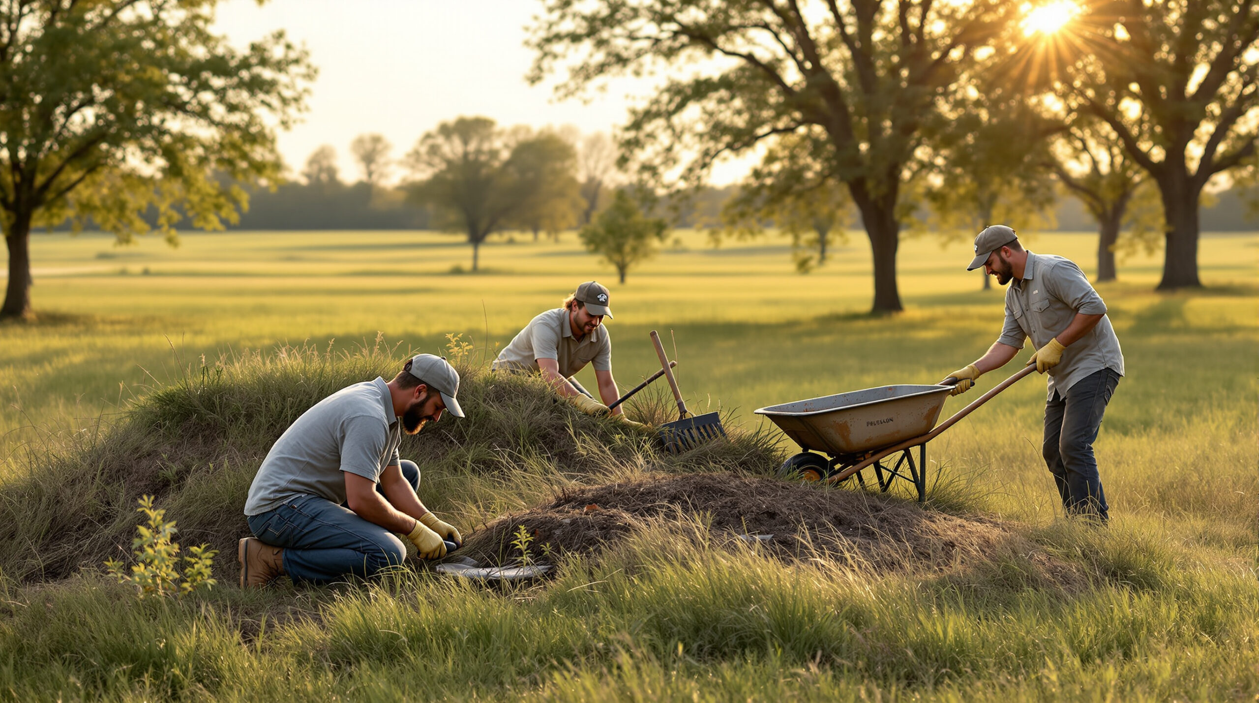 Volunteers in work gloves clear brush around grassy earthworks on a prairie, with oak trees and open fields in the background under warm morning sunlight.