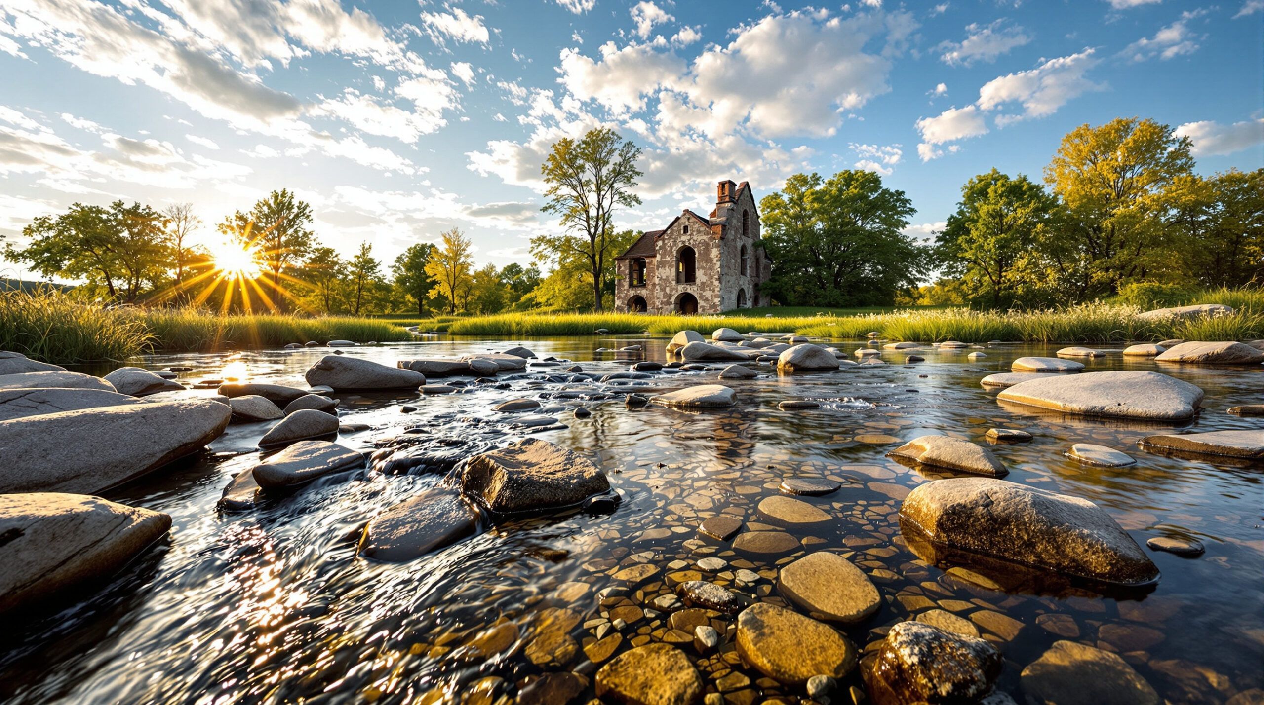 Shallow Platte River crossing with flat rocks, limestone mill ruins, wildflowers, and trees under a bright sky