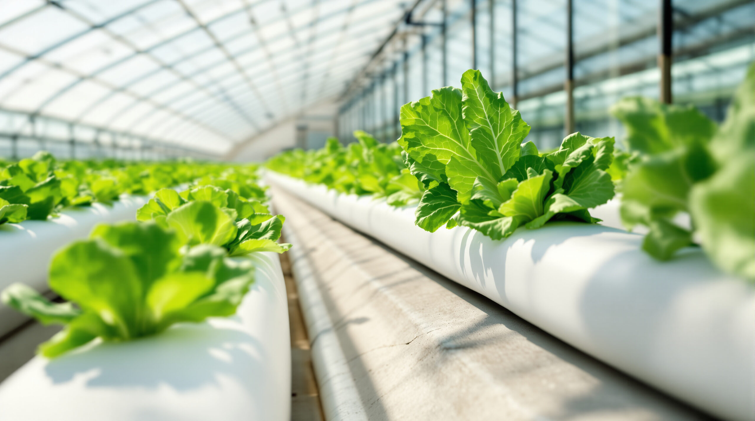 Rows of fresh butterhead lettuce growing in a modern hydroponic greenhouse with bright natural light and clean white channels