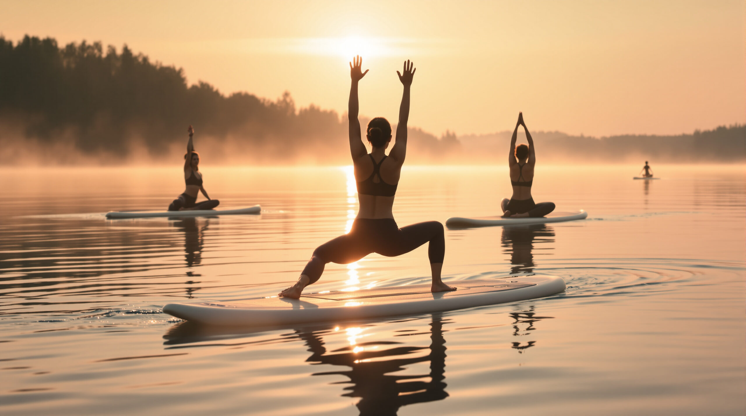Women practicing yoga on paddleboards at sunrise on a calm lake, surrounded by mist and soft golden light, with a tree-lined shore in the distance.