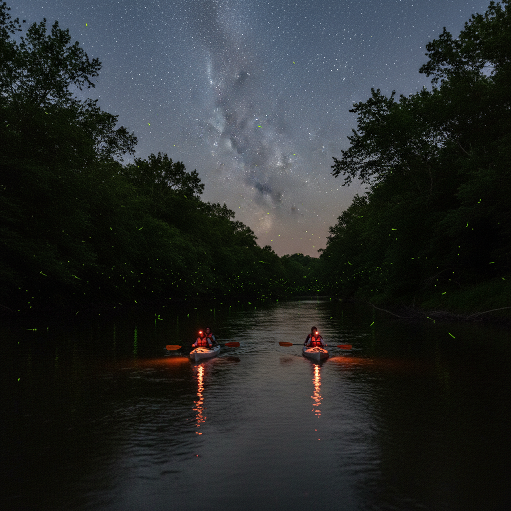 Two kayaks glide on a calm Missouri river at night, surrounded by glowing fireflies under a starry sky, with soft moonlight reflecting on the water.