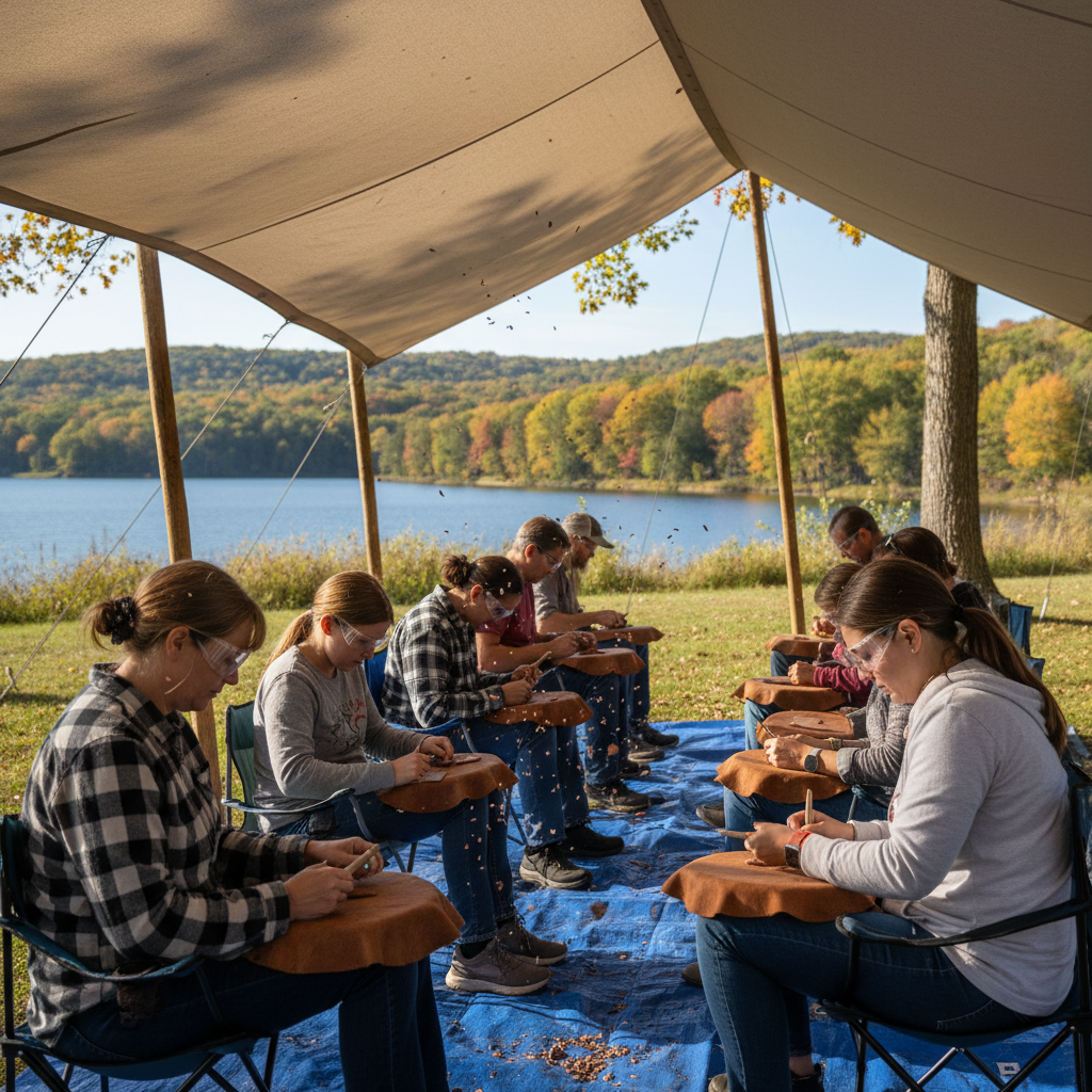 Families and adults flint knapping outdoors under shade tarps at a lakeside campground, wearing safety goggles and using stone tools on tarps with a lake and trees in the background