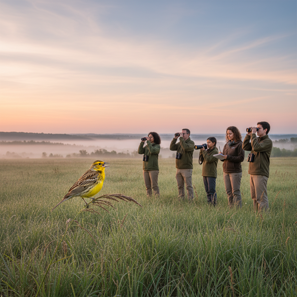 Birdwatchers in earth-toned clothing observe an Eastern meadowlark at sunrise on a dew-covered tall-grass prairie near Platte City, Missouri