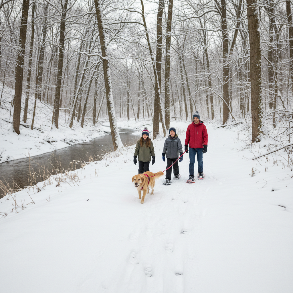 A family with two children and a golden retriever snowshoe along a snowy forest creek trail in rural Missouri.