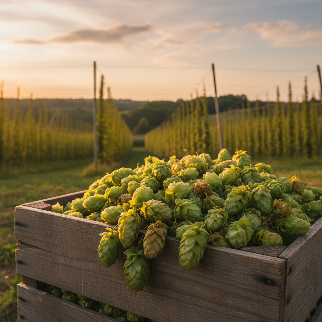 Freshly picked hop cones in a wooden crate on a Missouri farm with blurred hop trellises and green fields in the background at golden hour