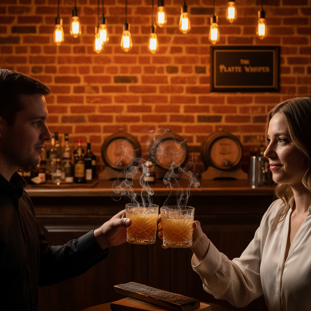 A couple clinks vintage glasses in a dimly lit speakeasy-style lounge with exposed brick, Edison bulbs, and Missouri rustic decor.