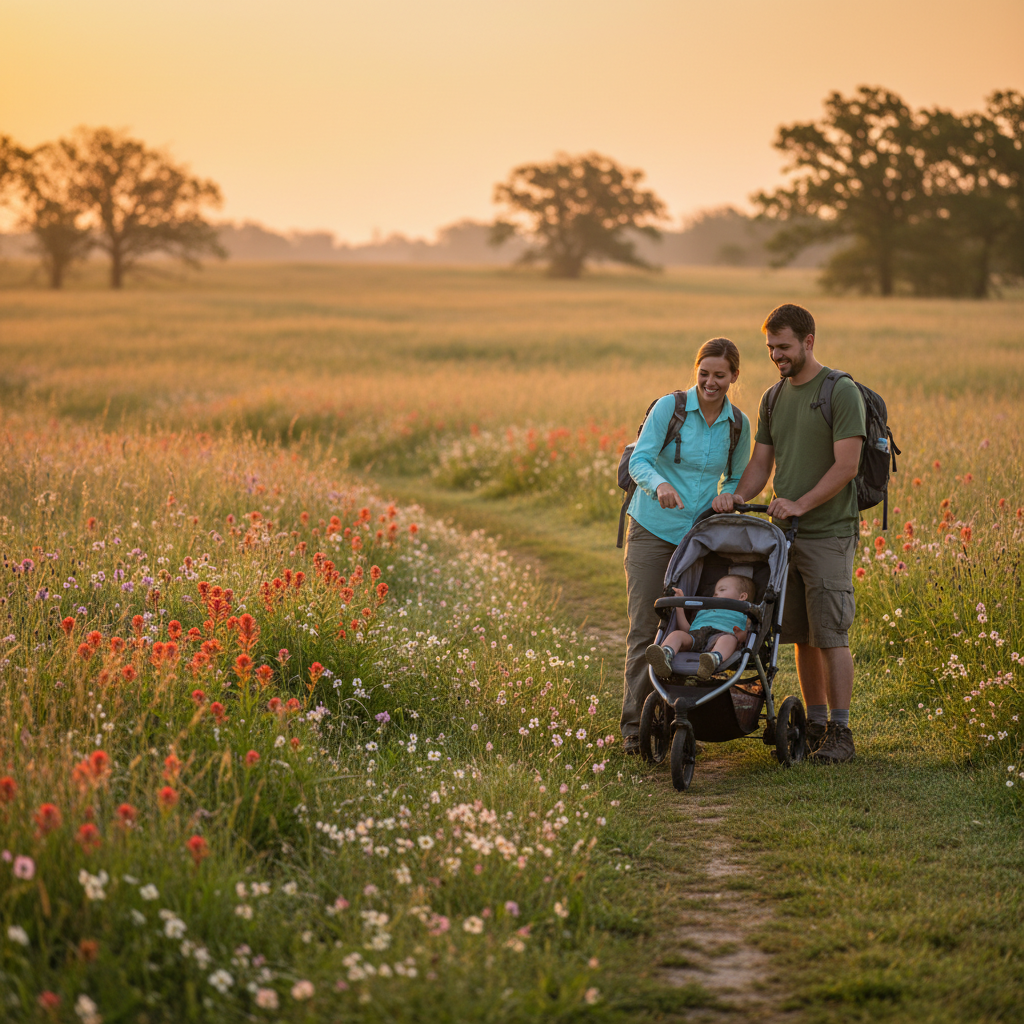 A family with a stroller pauses on a grassy trail surrounded by blooming wildflowers and tall prairie grasses under morning sunlight.