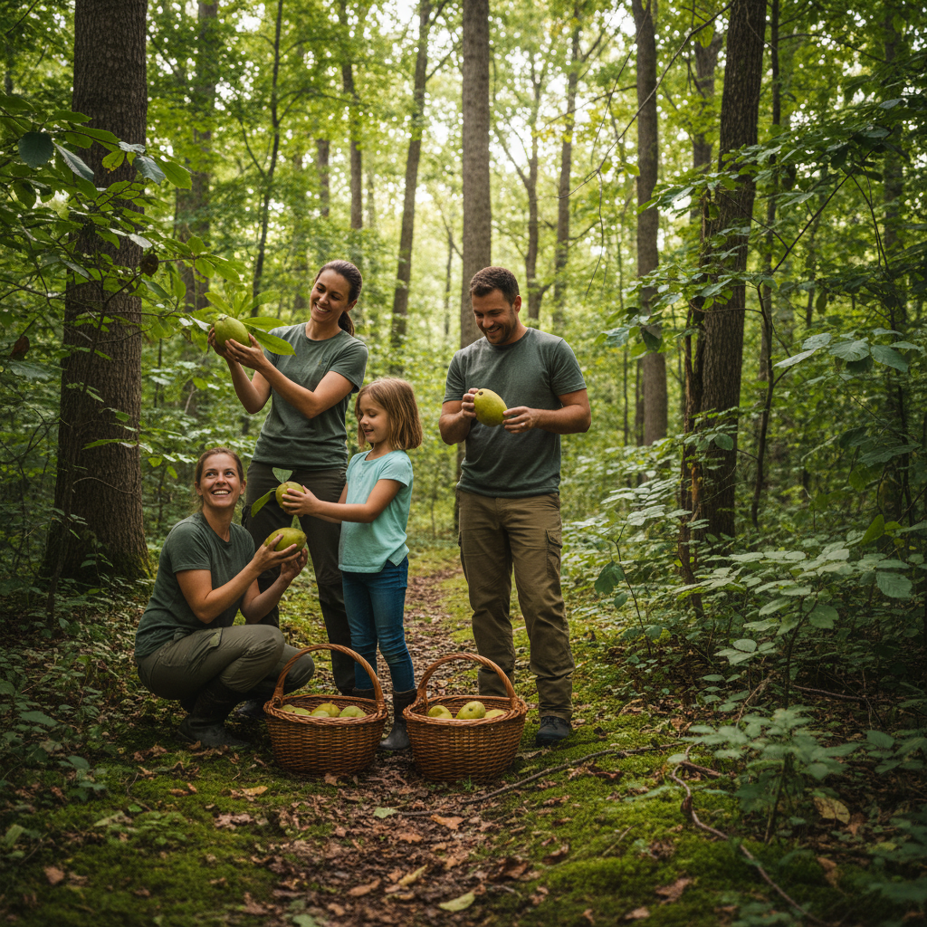 Family with two children picking ripe pawpaw fruit in a shaded Missouri forest, carrying baskets along a tree-lined trail.