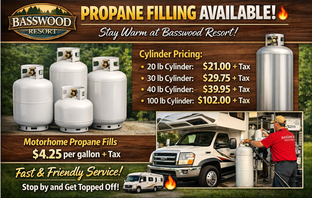 Advertisement for Basswood Resort's propane filling service showing propane tanks, pricing for different cylinder sizes, a motorhome, and staff filling a tank; service is $4.25 per gallon plus tax.