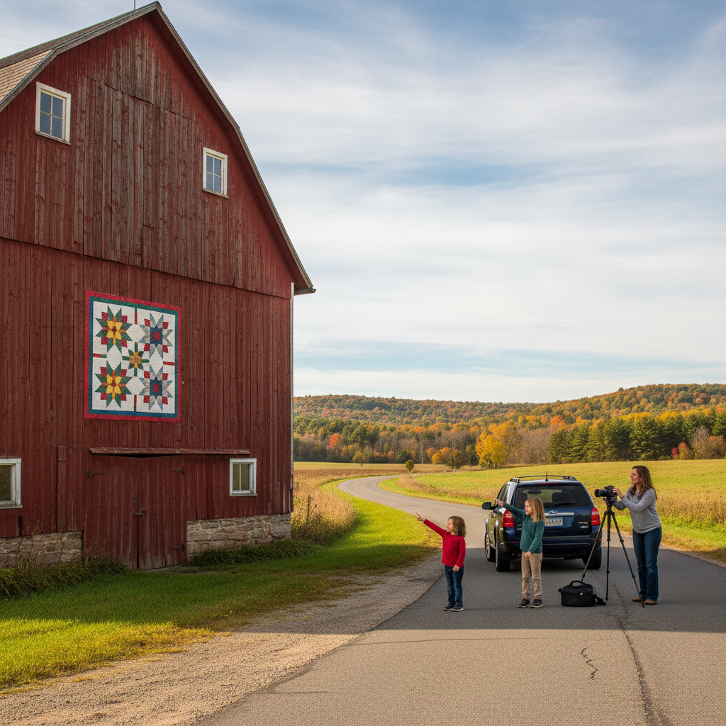 Family stops by a red barn featuring a colorful quilt block along a rural Missouri road, with autumn trees and rolling hills in the background.