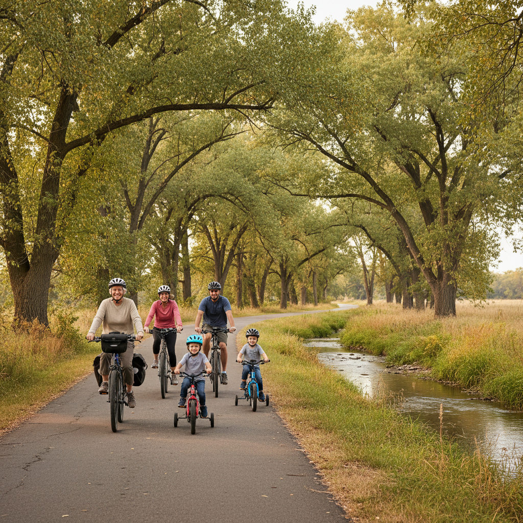 Multi-generational family cycling along a gentle, tree-lined rail-trail with creekside views in rural Missouri