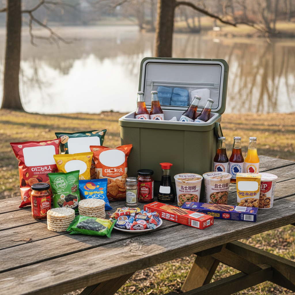 International snacks and pantry staples laid out on a picnic table beside an open cooler for a Platte City, Missouri weekend getaway near Basswood Resort.