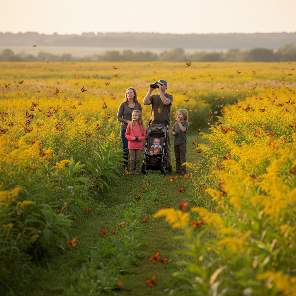 A family with young children watches monarch butterflies flutter over goldenrod and milkweed on a sunny prairie trail near Platte City, Missouri.