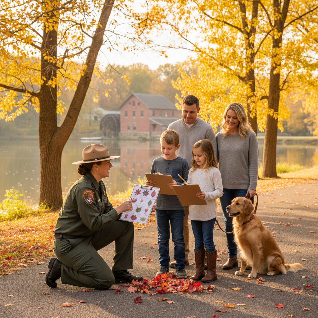 Park ranger shows leaf guide to children with clipboards on a paved lakeside trail, parents and leashed dog nearby, autumn leaves on ground, cottonwood trees and water in background